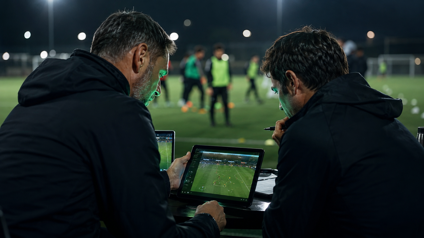 Fußballtrainer bei der Videoanalyse